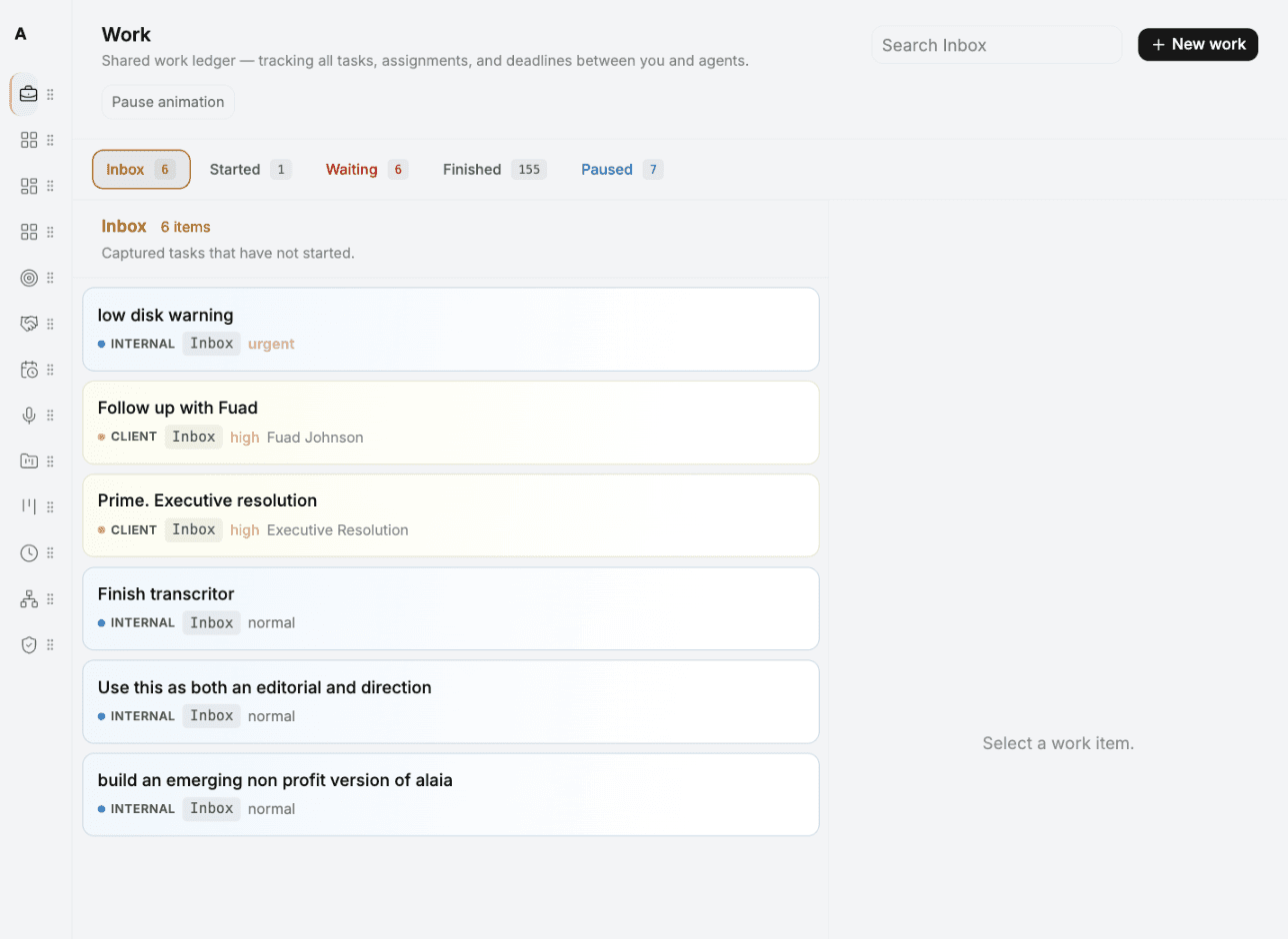 The Inbox: six captured tasks, each with a type, stage, and priority, with tabs for Inbox, Started, Waiting, Finished, and Paused